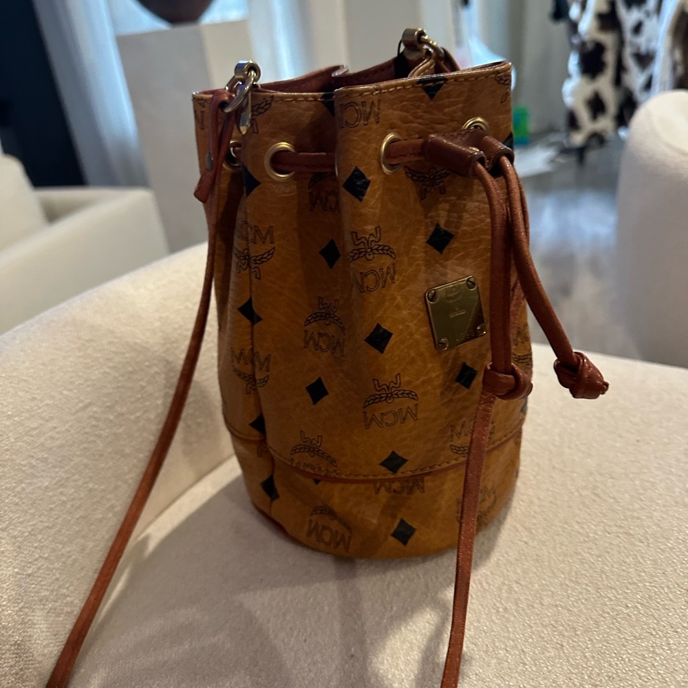 MCM Brown Cognac Visetos Monogram Bucket Bag